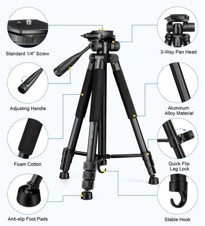 JOILCAN Tripod for Camera, 67" Heavy Duty Camera Tripod, Phone Tripods for Video Recording Photo Vlog, Aluminum Tripods with Holder & Travel Bag for Cameras DSLR iPhone Projector Laser