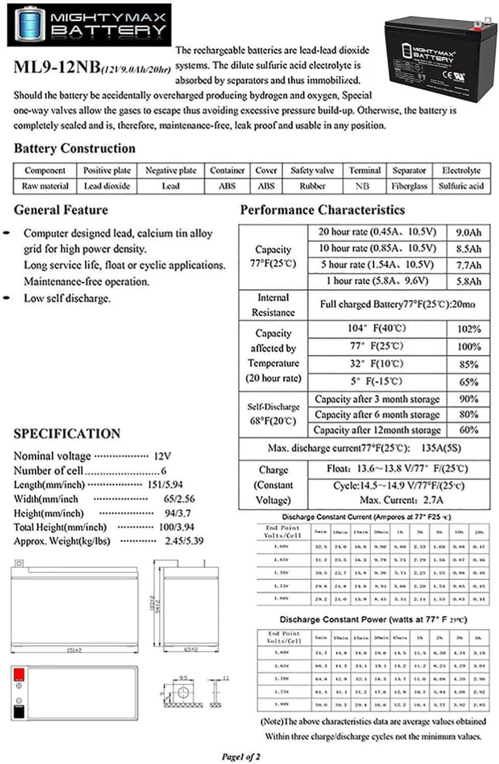 Mighty Max Battery ML9-12NB -12 Volt 9 AH, Nut and Bolt (NB) Terminal, Rechargeable SLA AGM Battery