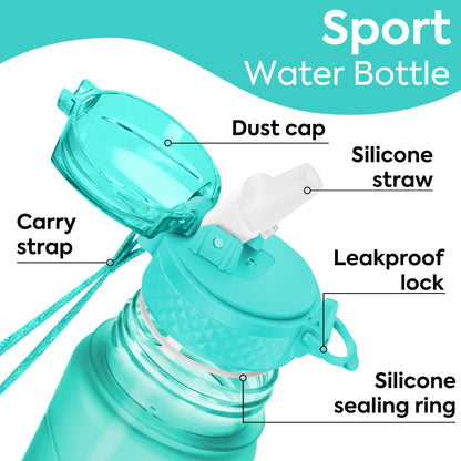 OLDLEY Kids Water Bottle with Straw 15 oz BPA-Free Leak-Proof Motivational Water Bottles with Time Marker for School Sports Travel Gym, Easy to Use for Girls Goys, 1 Straw Lid, Mint Purple