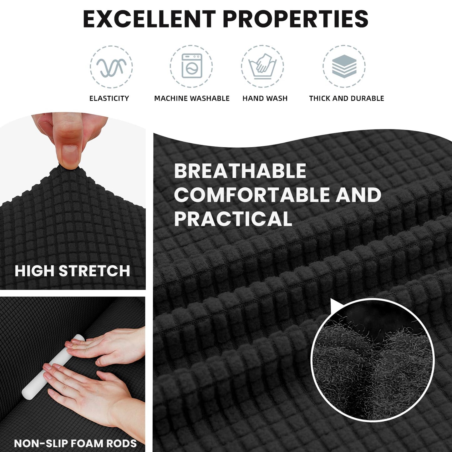LURKA Stretch Sofa Slipcovers Couch Covers for 3 Cushion Couch Sofa Pet Friendly Non Slip Sofa Cover Washable Furniture Protector with Elastic Bottom (Large, Black)