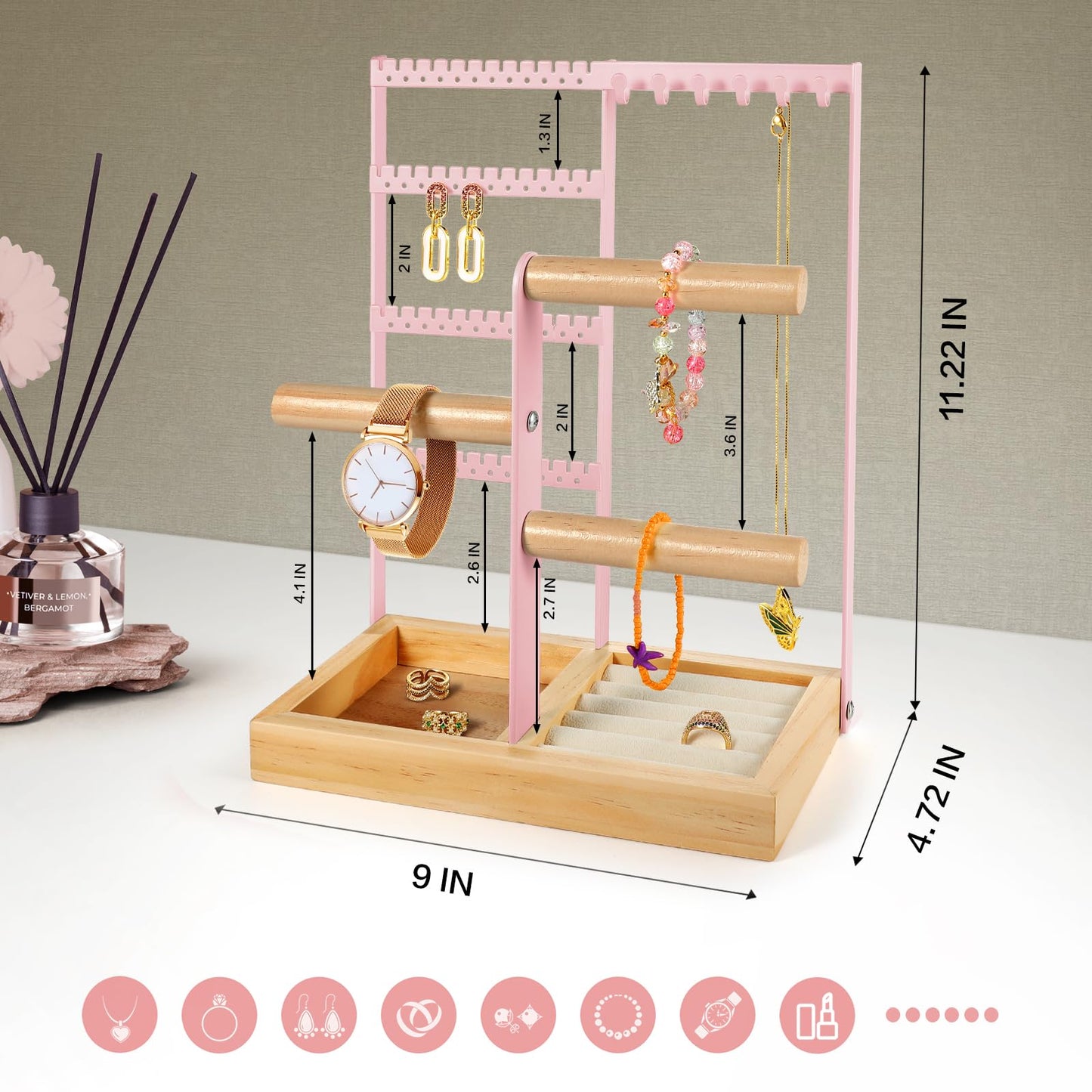 Godboat Jewelry Organizer - Earring Holder with 48 Holes, 6 Hooks Necklace Organizer, Bracelet and Ring Stand with Jewelry Box, Mothers Day Gifts for Women, Mom, Preppy Stuff & Room Decor, Pink