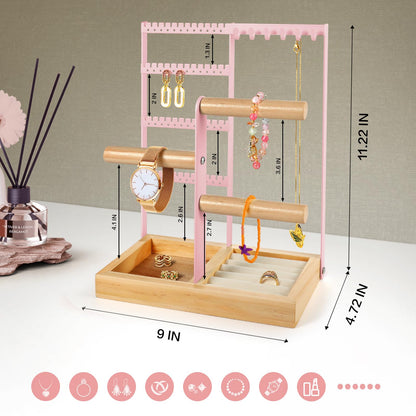 Godboat Jewelry Organizer - Earring Holder with 48 Holes, 6 Hooks Necklace Organizer, Bracelet and Ring Stand with Jewelry Box, Mothers Day Gifts for Women, Mom, Preppy Stuff & Room Decor, Pink