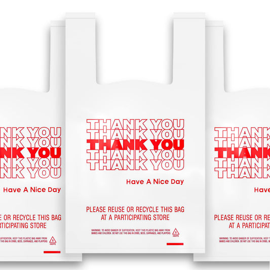 400 Pack Thank You T-Shirt Bags - Premium Quality 15 Mic (0.6 Mil) Thick Reusable Plastic Bags: 11.5" x 6.5" x 21