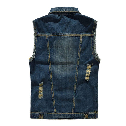 NASKY Men's Fit Retro Ripped Denim Vest Sleeveless Lapel Jean Vest Jacket Waistcoat Top(Small,Dark blue)
