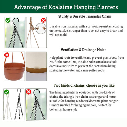 Koalaime Hanging Planter Self Watering 10 Inch, 2 Pack Indoor Outdoor Hanging Baskets, Hanging Flower Pots with Drainage Hole & 2 Kinds of Plant Hangers for Garden Home Decor(Cream)…