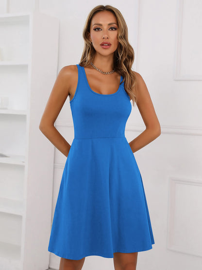 Missufe Women's Casual Sundress Summer Sleeveless Racerback Tank Fit and Flare Skater Dress (Blue, Small)