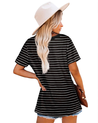 Jescakoo Tshirts for Womens Casual Summer Round Neck Striped Tops Black L