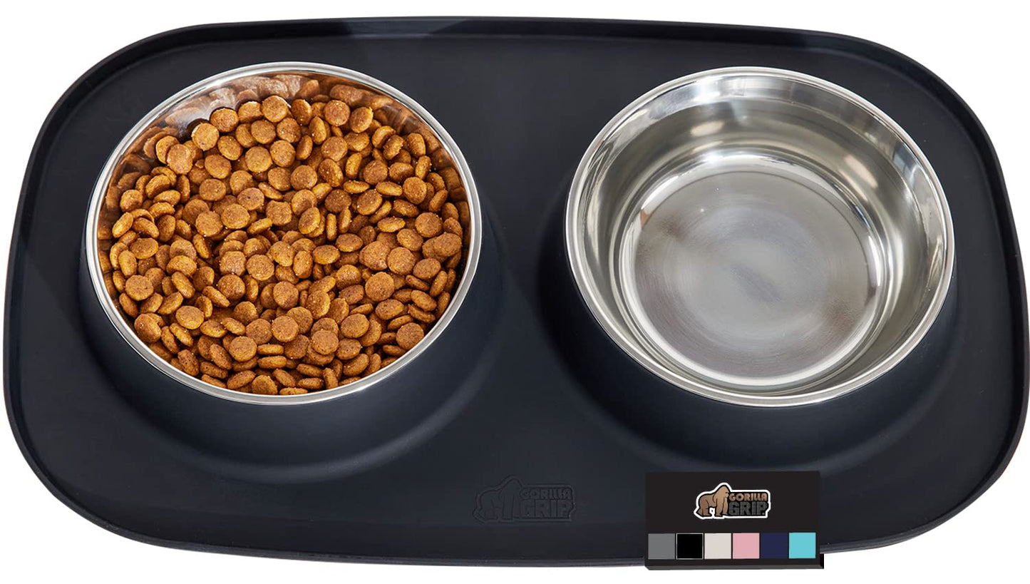 GORILLA GRIP Feeding Mat Set, 4 Cup, Patent Pending 100% Waterproof BPA Free Silicone, Stainless Steel Cat and Dog Bowls, Slip Resistant, High Edges Catch Water Food, US Designed Pet Accessories Black