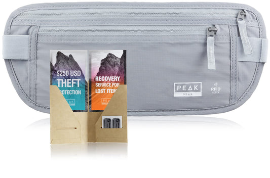 Peak Gear Travel Money Belt. Premium Quality Travel Wallet with RFID Blocking Fabric to Protect Credit Cards, Passports and Documents. Exclusive Theft Protection and 2 Recovery Tags | Gray