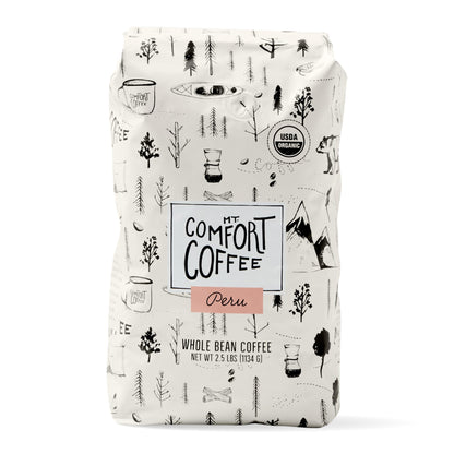 Mt. Comfort Coffee Organic Peru Medium Roast, 2.5 Pounds - Flavor Notes of Nutty, Chocolate, & Citrus - Sourced From Small, Peruvian Coffee Farms - Roasted Whole Beans