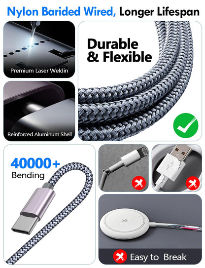 2Pack Multi Fast Charging Cable for Travel Vacation Essentials,iPhone 17 Charger,Apple Watch Charger,3-in-2USB A/Type C/Lightning Cable for iWatch,iPhone 17-11,Nintendo Switch,Airpods,Home,Office-4FT