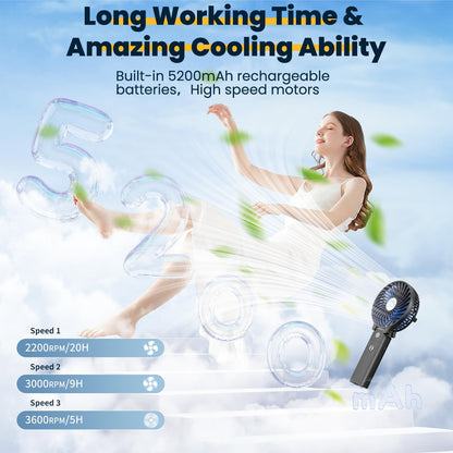 HandFan 5200mAh Portable Handheld Fan Rechargeable with Power Bank-3 Speeds Foldable Personal Cooling, 2-IN-1 Hand Held Fan Battery Operated, 20H Runtime for Travel/Summer/Concerts/Women (Black&Blue)
