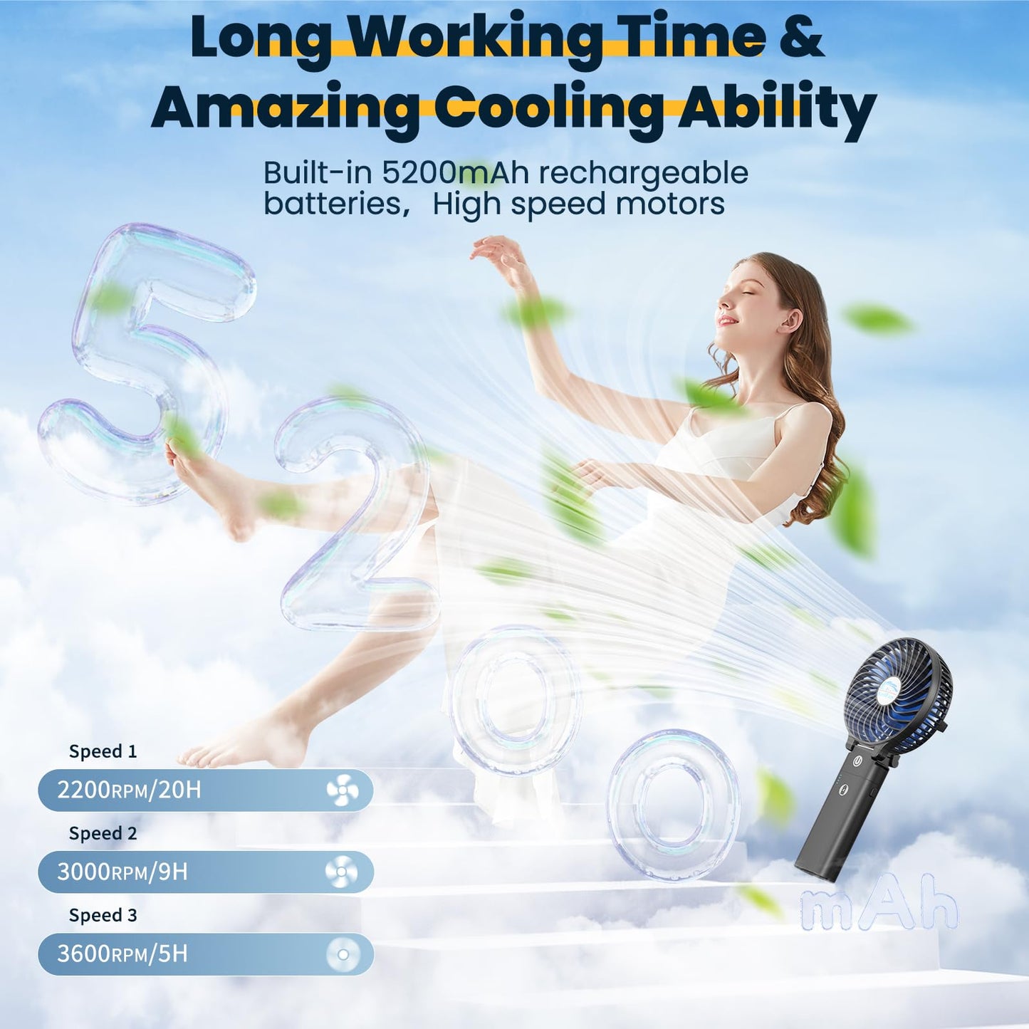 HandFan 5200mAh Portable Handheld Fan Rechargeable with Power Bank-3 Speeds Foldable Personal Cooling, 2-IN-1 Hand Held Fan Battery Operated, 20H Runtime for Travel/Summer/Concerts/Women (Black&Blue)