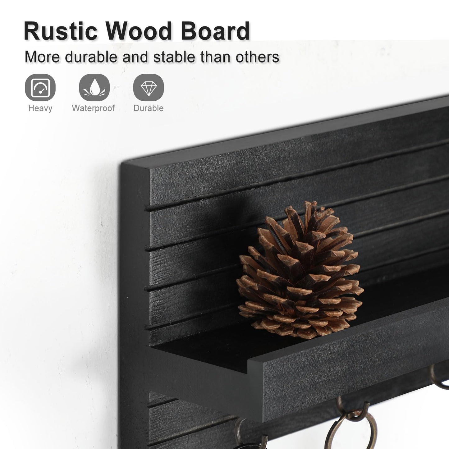 Lwenki Decorative Key Holder for Wall with Shelf, Entryway Shelf with Hooks Holds Leashes, Jackets and Glasses – Sturdy Wood Keyholder Entrance Hanger with Mounting Hardware (Black)