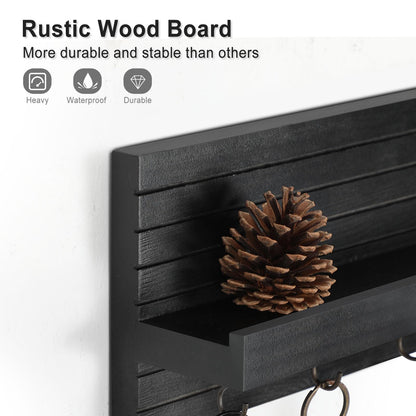 Lwenki Decorative Key Holder for Wall with Shelf, Entryway Shelf with Hooks Holds Leashes, Jackets and Glasses – Sturdy Wood Keyholder Entrance Hanger with Mounting Hardware (Black)