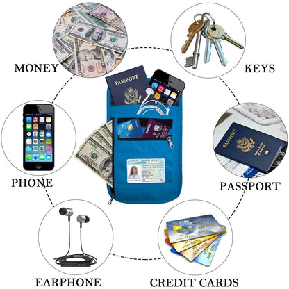 OMYSTYLE Neck Wallet, RFID Passport Holder for Travel, Adjustable Neck Strap, Waterproof Neck Pouch for Men & Women to Keep Cash, Credit Cards and Documents Safe, Blue (8x6)