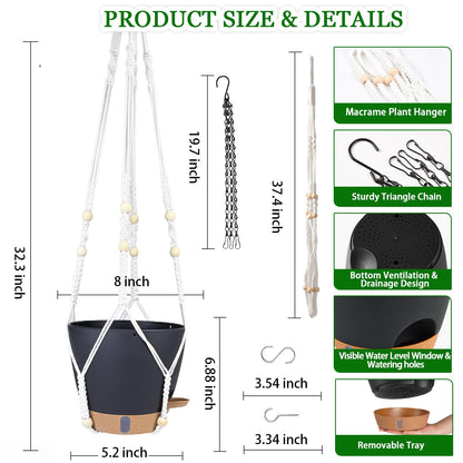 Hanging Planter Self Watering 8 Inch, 2 Pack Hanging Baskets for Plants, Hanging Flower Pots with Drainage Hole & 2 Kinds of Plant Hangers for Garden Home Decor (Black, 8 inch)