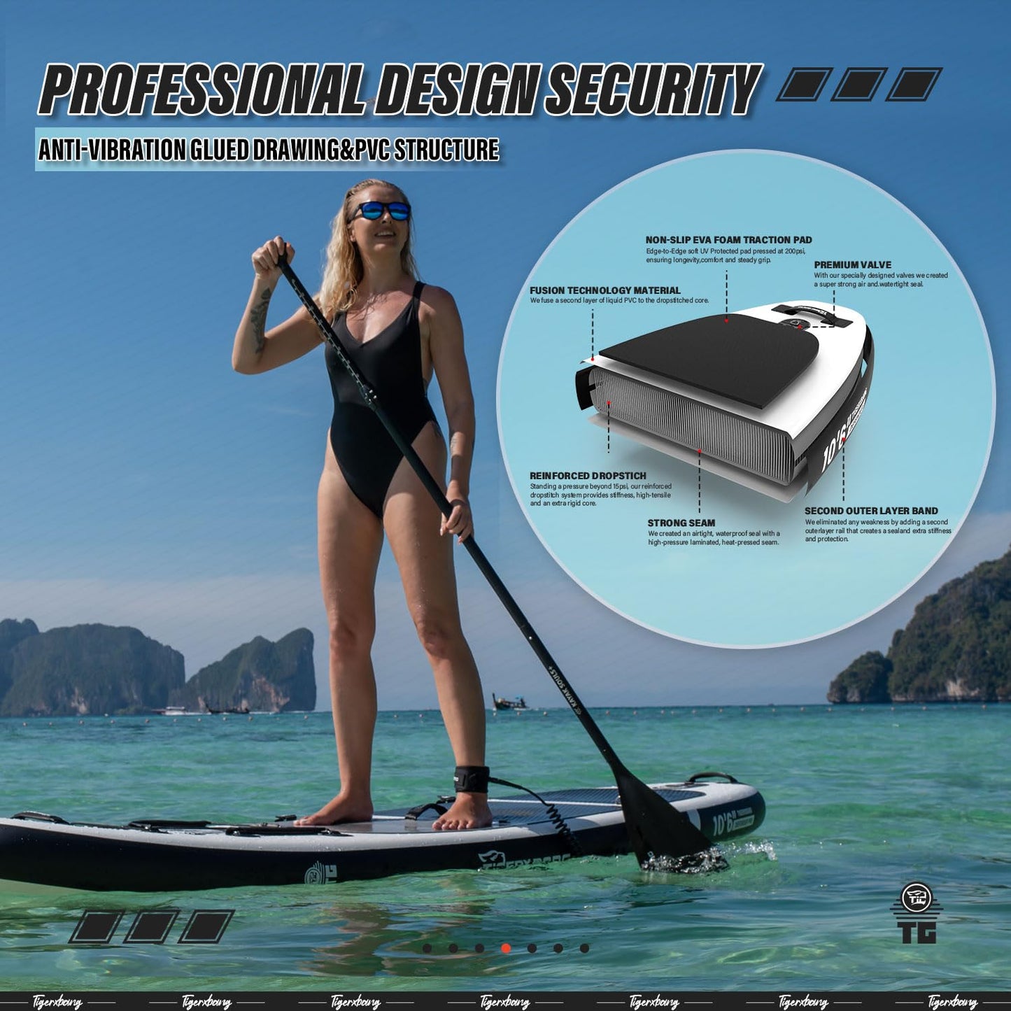 TIGERXBANG Stand Up Paddle Boards 10'6" x 32" x 6" with Premium SUP Board Accessories, Inflatable Paddle Boards for Adults/Kids with Double-Bladed Paddle, Kayak Seat, Defender-Pro Black