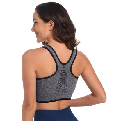 Fapreit Women's Zip Front Closure Sports Bra - Seamless Wirefree Post Surgery Padded Racerback Workout Gym Yoga Bras 2 Pack (Black, Grey)