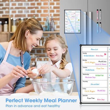 Magnetic Weekly Calendar for Fridge,12×8” , Doubleside, Grocery List, Kitchen Menu Planner Board for Fridge/Locker, 4 Marker