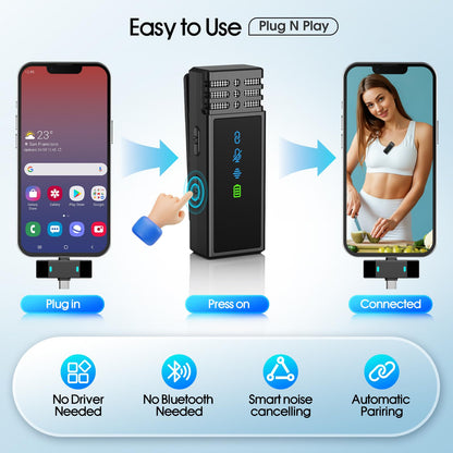 2 Pack Wireless Lavalier Microphone for iPhone iPad Android, Active Noise Reduction Mini Microphone with Charging Case 7H Clip On Microphones for Interview, Recording, Vlogging, Live Streaming, 80ft