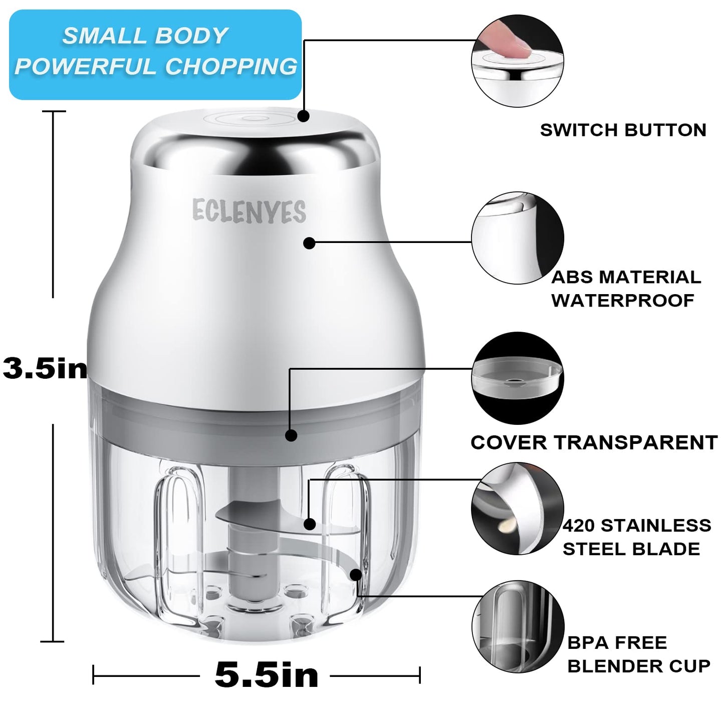 Garlic Chopper, Mini Food Processor, USB Rechargeable Mini Chopper, Powerful Garlic Crusher, Blender to Vegetable, Wireless Vegetable Chopper for Ginger, Chili, Fruit, Meat, etc（250ML）