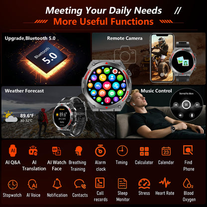 Military Smart Watch for Men With AI Q&A (Answer/Make Call/SMS Reply), 1.52" HD Smartwatch for Android Phones/iPhone, 100+ Sport Mode Fitness Tracker with HR, SpO2, Sleep Monitor, IP68 Waterproof