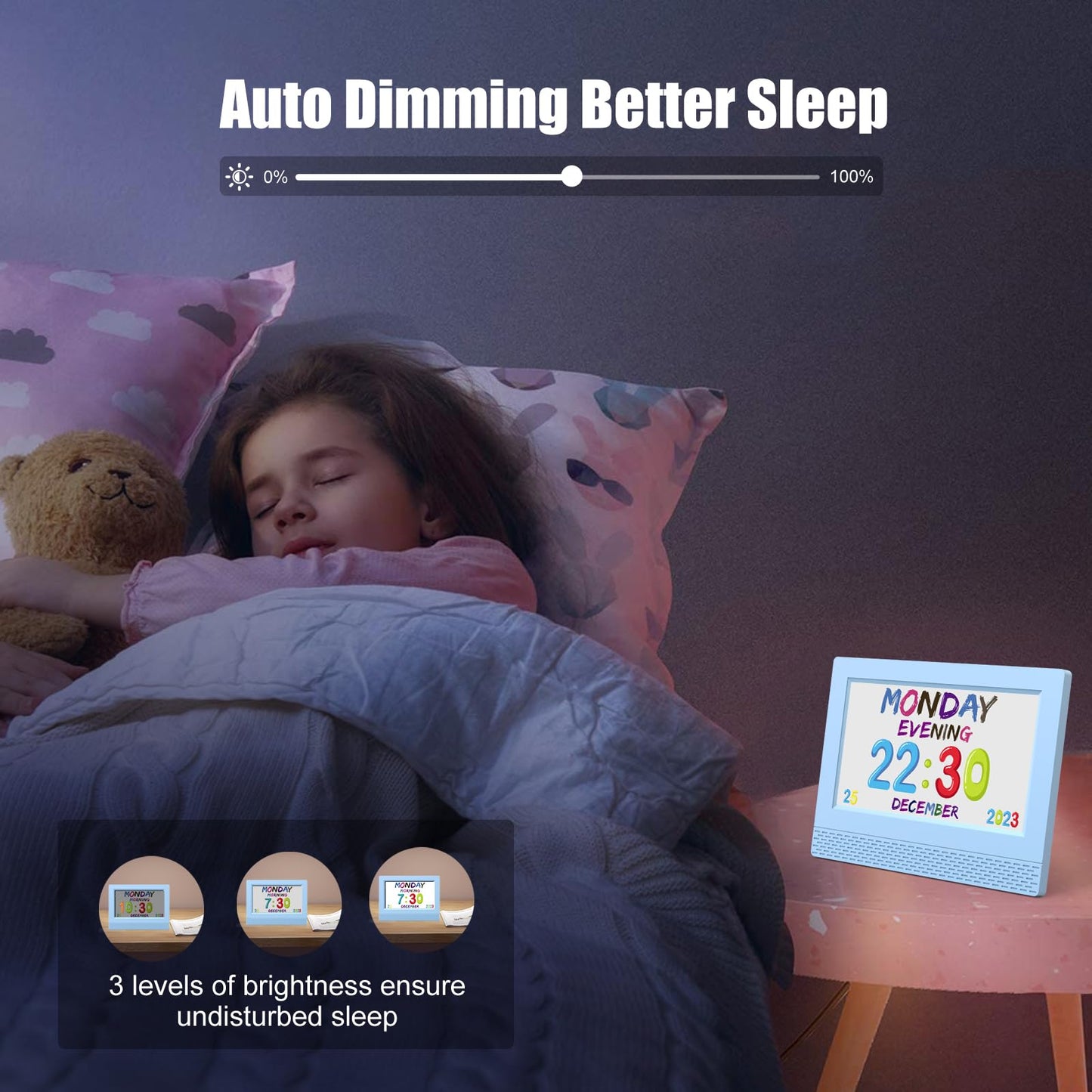 Kids Digital Alarm Clock Colorful, 7" Large LED Time Display Children's Sleep Trainer, Eye-Caring Digital Clock for Girls Boys Bedrooms Bedside, 17 Alarm Clock Settings Easy to Use Kids Birthday Gift