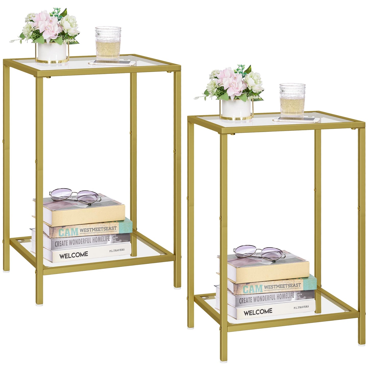 HOMSHO Side Tables Set of 2, End Tables with Tempered Glass, 2-Tier Nightstands with Storage Shelves, Coffee Table with Modern Style, Slim Sofa Table for Living Room, Bedroom, 11.8" D x 15" W, Golden