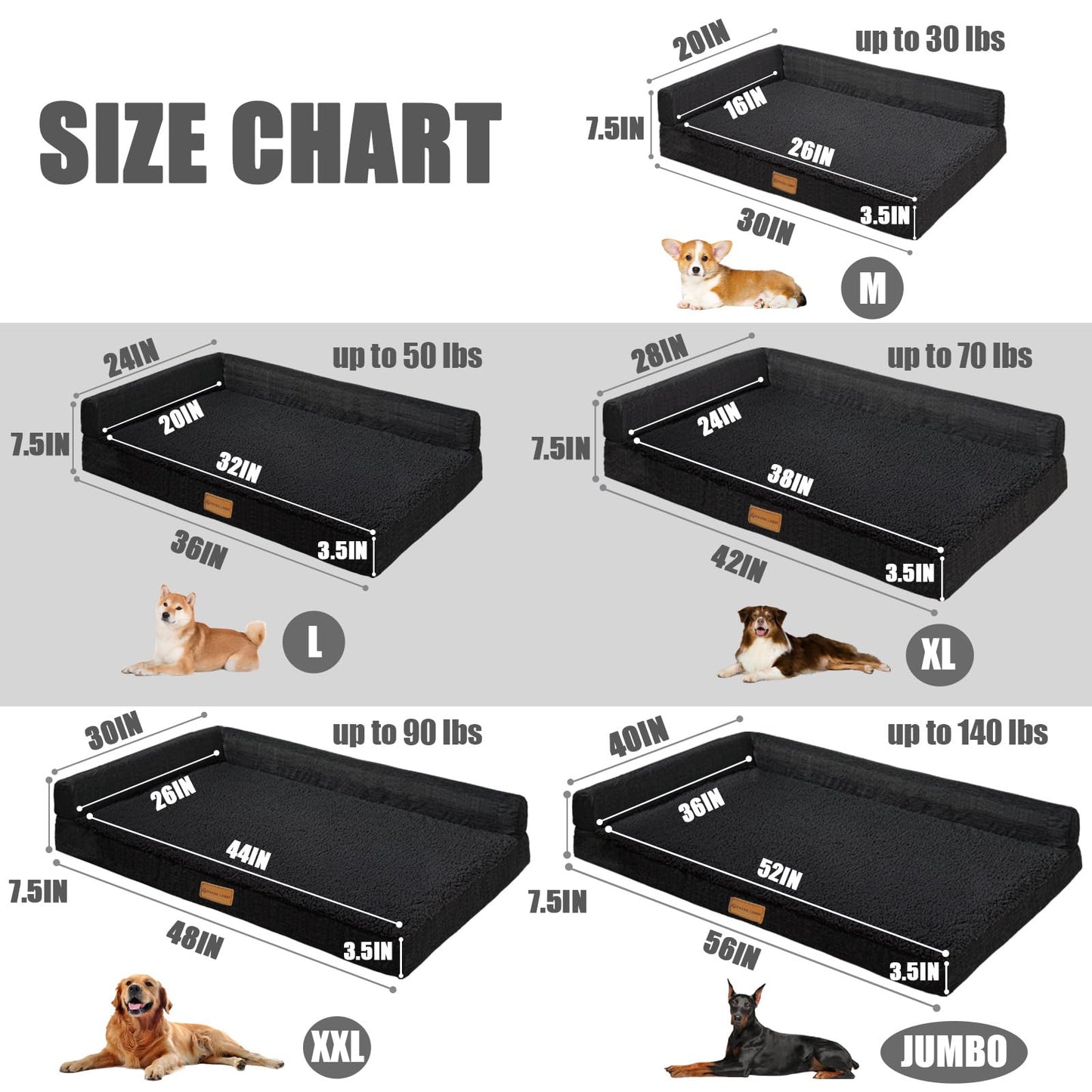 Patas Lague Orthopedic Dog Bed Large Sized Dog 36''X24'', Waterproof L Bolster Medium Pet Sofa Beds with Removable Washable Cover, Soft Comfortable Pet Couch Crate Mat with Nonskid Bottom, Black