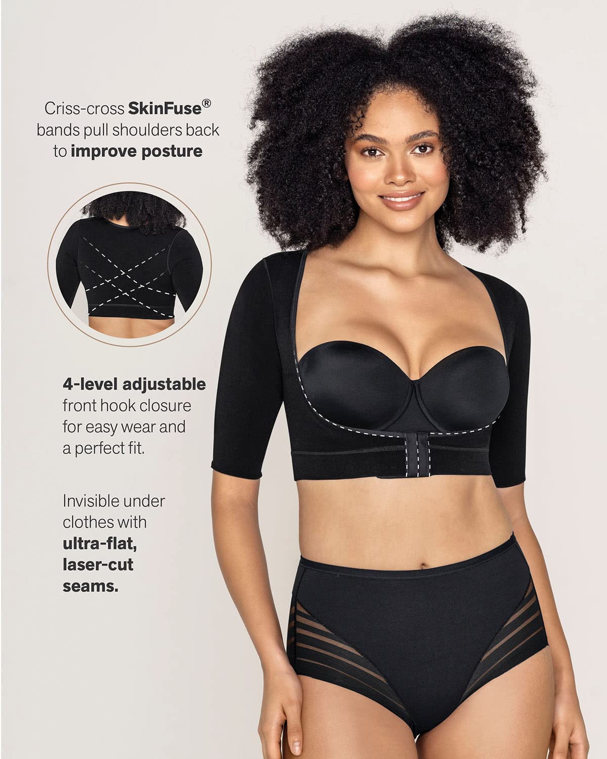 Leonisa Seamless Upper Arm Shaper Slimming Compression Vest with Posture Corrector, Beige, Small