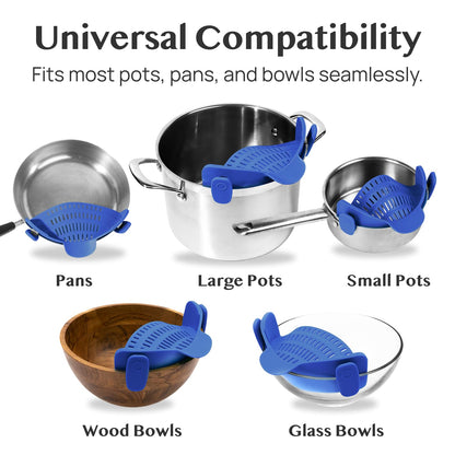 Kitchen Gizmo Snap N' Strain - Silicone Clip-On Strainer for Pots, Pans, and Bowls - Heat-Resistant Kitchen Gadgets, Essential Colander Drainer for Vegetables and Pasta - 7.87x2.76x4.53-Inch (Blue)