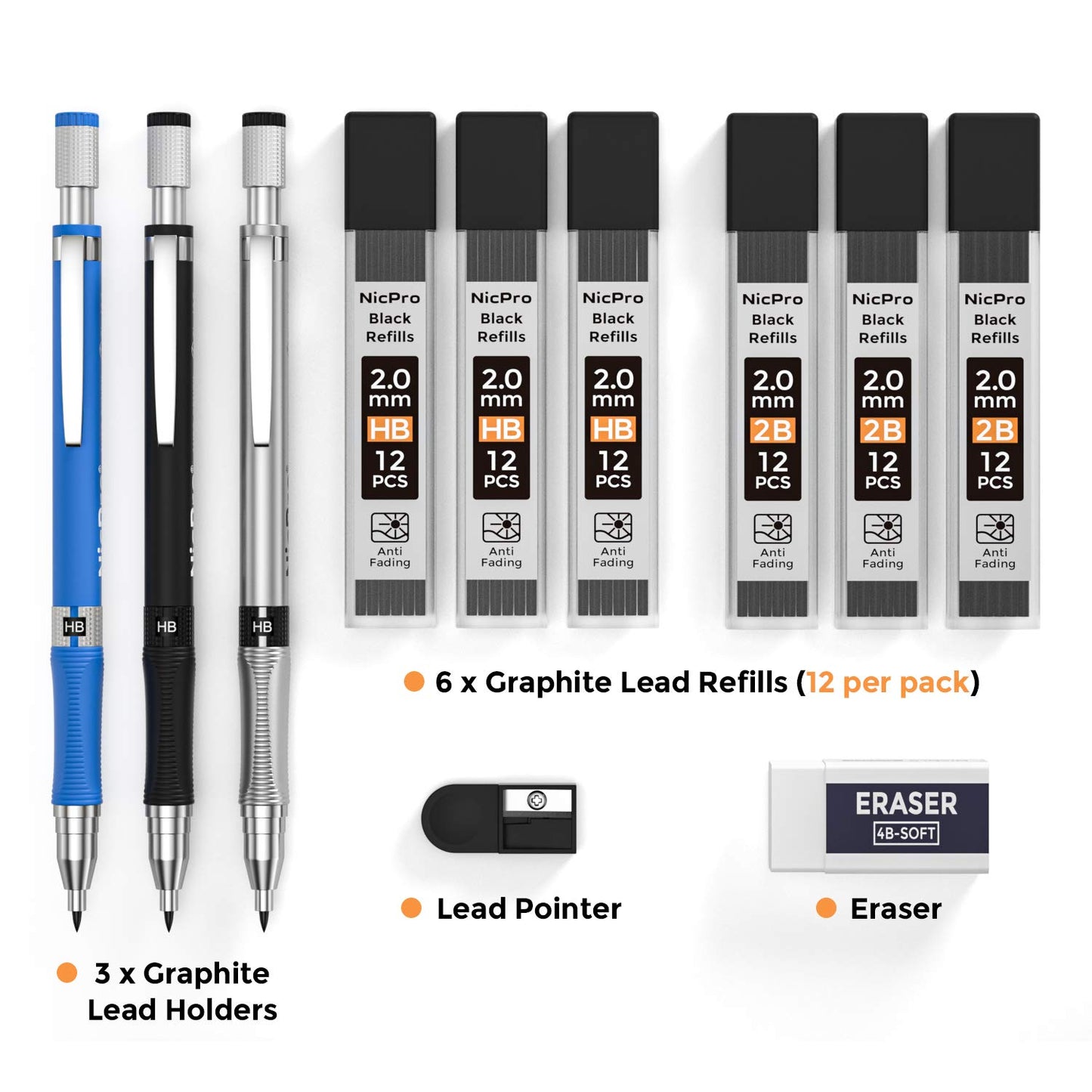 Nicpro 11 Pieces 2mm Mechanical Pencil Set, 3 PCS Carpenter Drafting Pencil 2.0 mm for Art Drawing Writing Sketching Construction with 6 Tube Pre-Sharpen HB & 2B Refill, Eraser, Sharpener