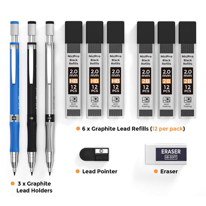 Nicpro 11 Pieces 2mm Mechanical Pencil Set, 3 PCS Carpenter Drafting Pencil 2.0 mm for Art Drawing Writing Sketching Construction with 6 Tube Pre-Sharpen HB & 2B Refill, Eraser, Sharpener