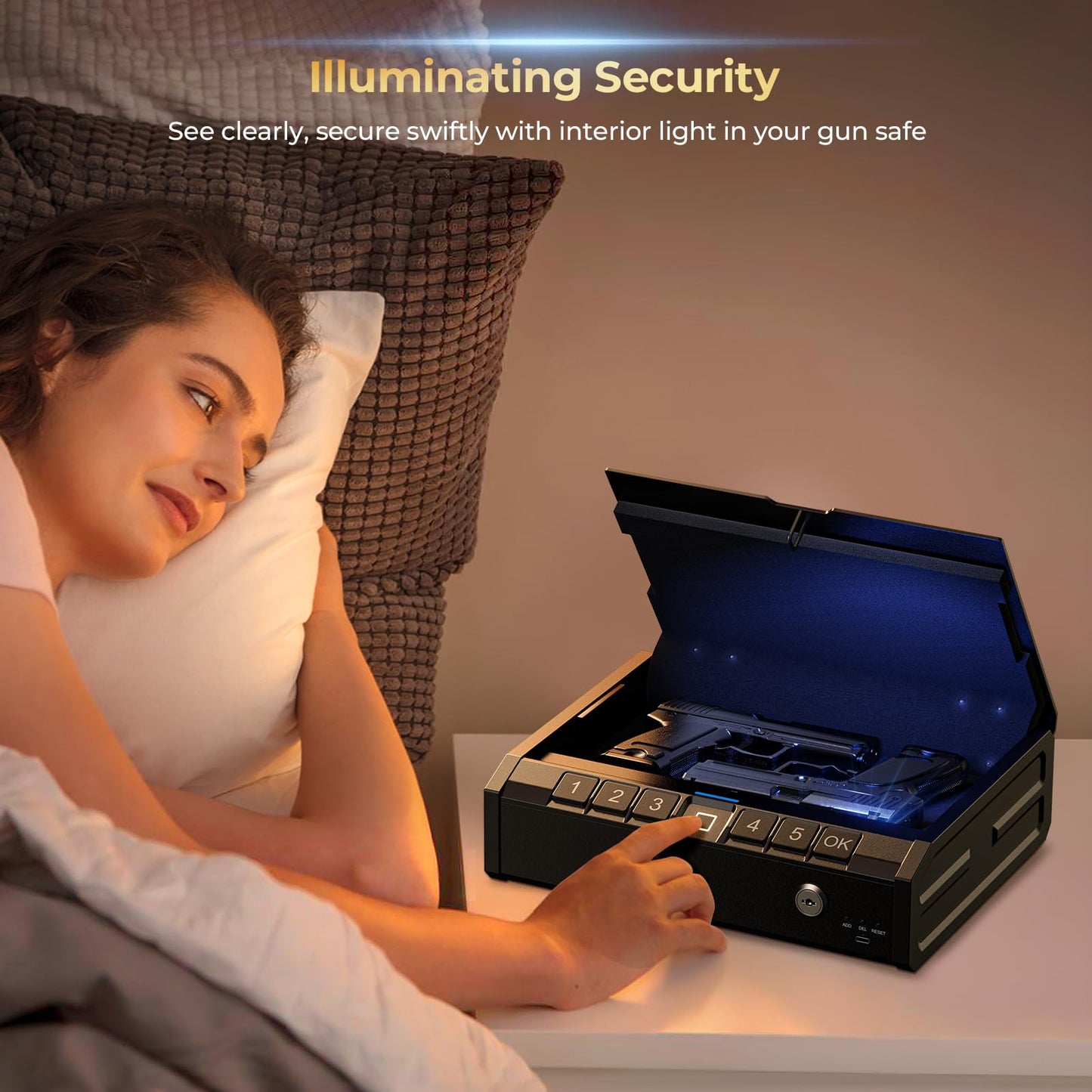 ONNAIS Iron PRO Biometric Fingerprint Gun Safe for Handgun, Swift Entry Gun Lock Box Featuring with Interior Light and Emergency Power Supply, Pistol Safes for Home, Nightstand, Bedside, and Car