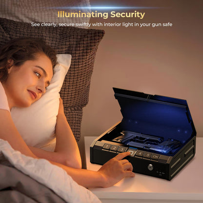 ONNAIS Iron PRO Biometric Fingerprint Gun Safe for Handgun, Swift Entry Gun Lock Box Featuring with Interior Light and Emergency Power Supply, Pistol Safes for Home, Nightstand, Bedside, and Car