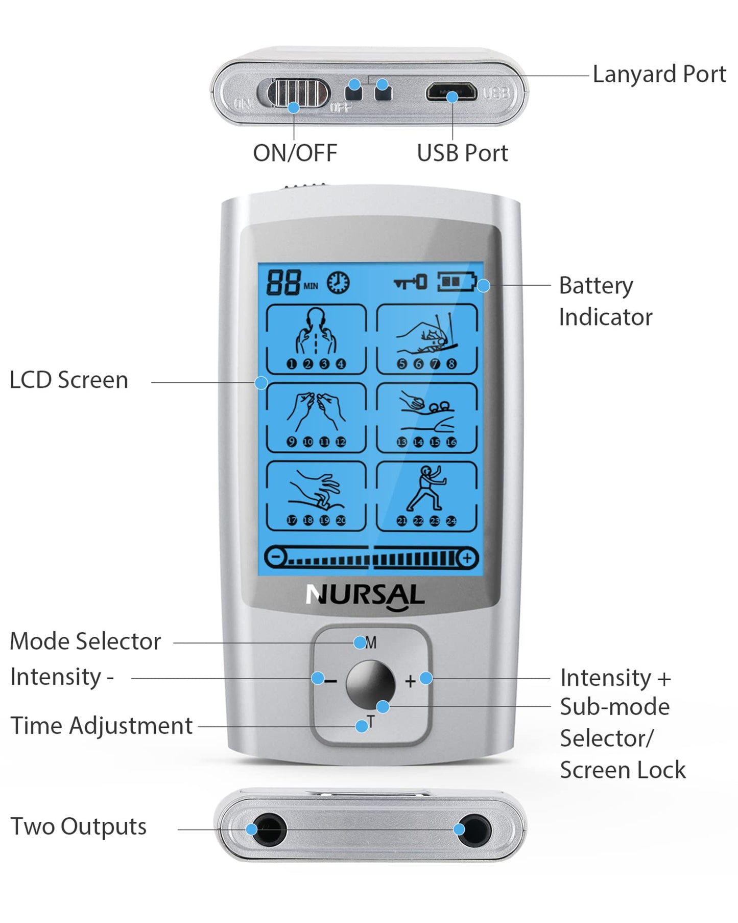 NURSAL 24 Modes TENS Unit Muscle Stimulator with Continuous Stimulation, Rechargeable Electronic Pulse Massager with 8 Pads for Back and Shoulder Pain Relief and Muscle Strength (Silver)