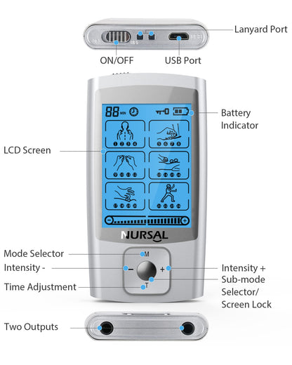 NURSAL 24 Modes TENS Unit Muscle Stimulator with Continuous Stimulation, Rechargeable Electronic Pulse Massager with 8 Pads for Back and Shoulder Pain Relief and Muscle Strength (Silver)