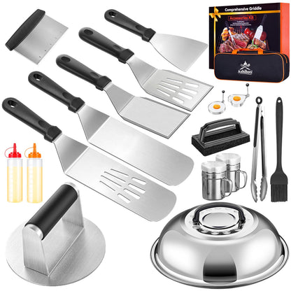 Griddle Accessories for Blackstone with Smashed Burger Press,19Pcs Griddle Accessories kit for Hibachi, Enlarged Grill Spatula, Salt and Pepper Shakers, Grill Black Tools Set