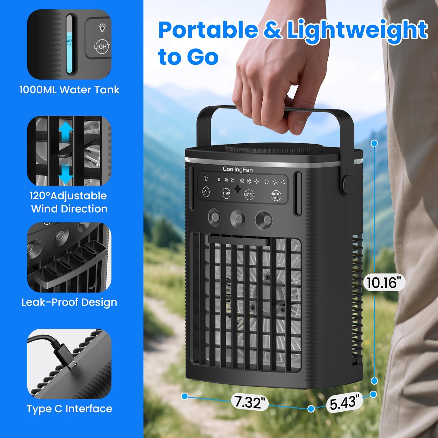 Portable Air Conditioners, Mini Air Conditioner Portable Cooling Fan with Remote Control, 3 Wind Speed & 3 Mist Level & 2-8H Timer & 7 LED Light Evaporative Air Cooler for Home Office Room, Black