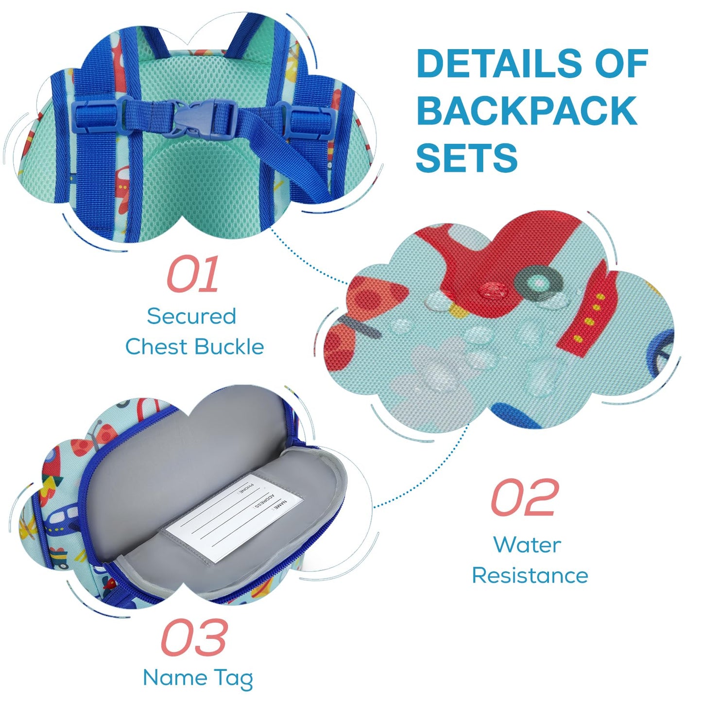 mommore Kids Backpack Set, Lightweight School Backpack for Kids Elementary Car Bookbag for Students with Chest Strap Water Resistant,3pcs blue