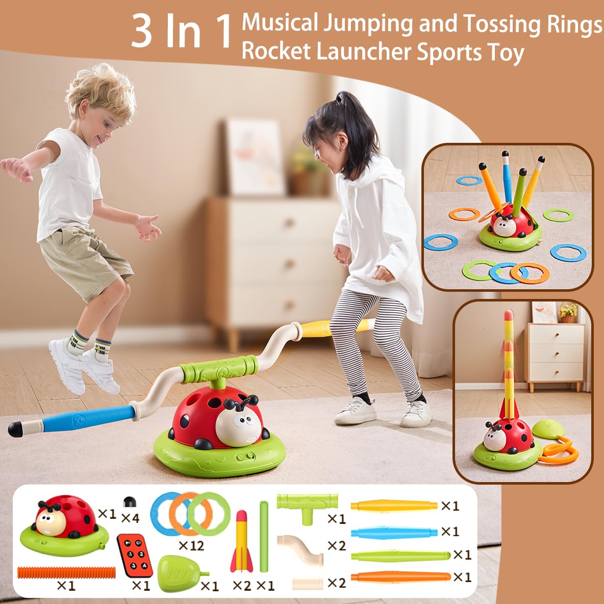 Powza 3 in 1 Musical Jump, Toss Ring Game and Stomping Launch Rocket Launcher for Kids Outdoor Toys with Remote Control, Indoor Outside Toy for Kids Ages 4-8 Toys for Ages 5-7 8-13 Birthday Gifts