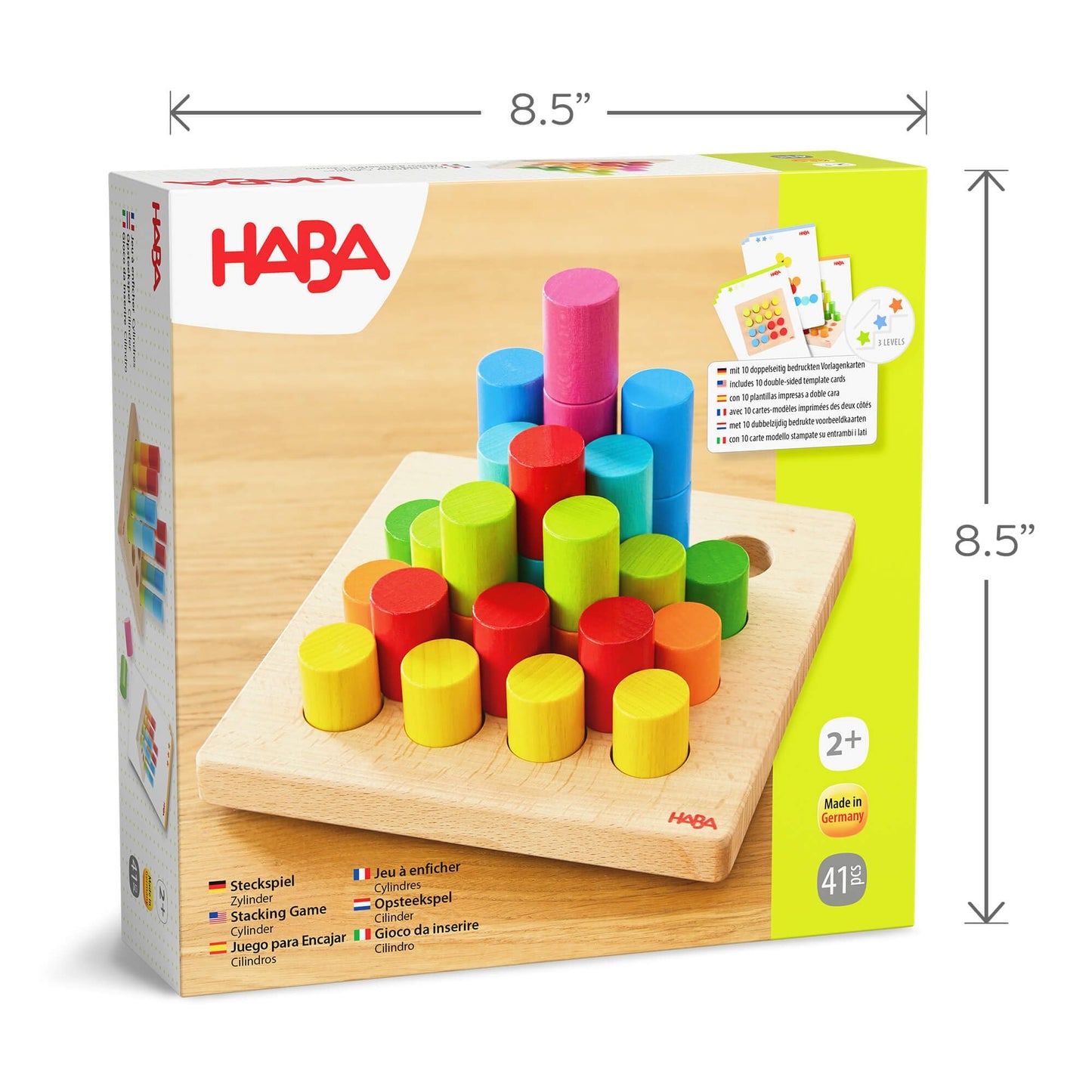 HABA Rainbow Risers Wooden Stacking Game: Montessori Toys for 2 Year Old & Up, Shape Sorter & Wooden Pegboard Preschool Learning Toys with Challenge Cards