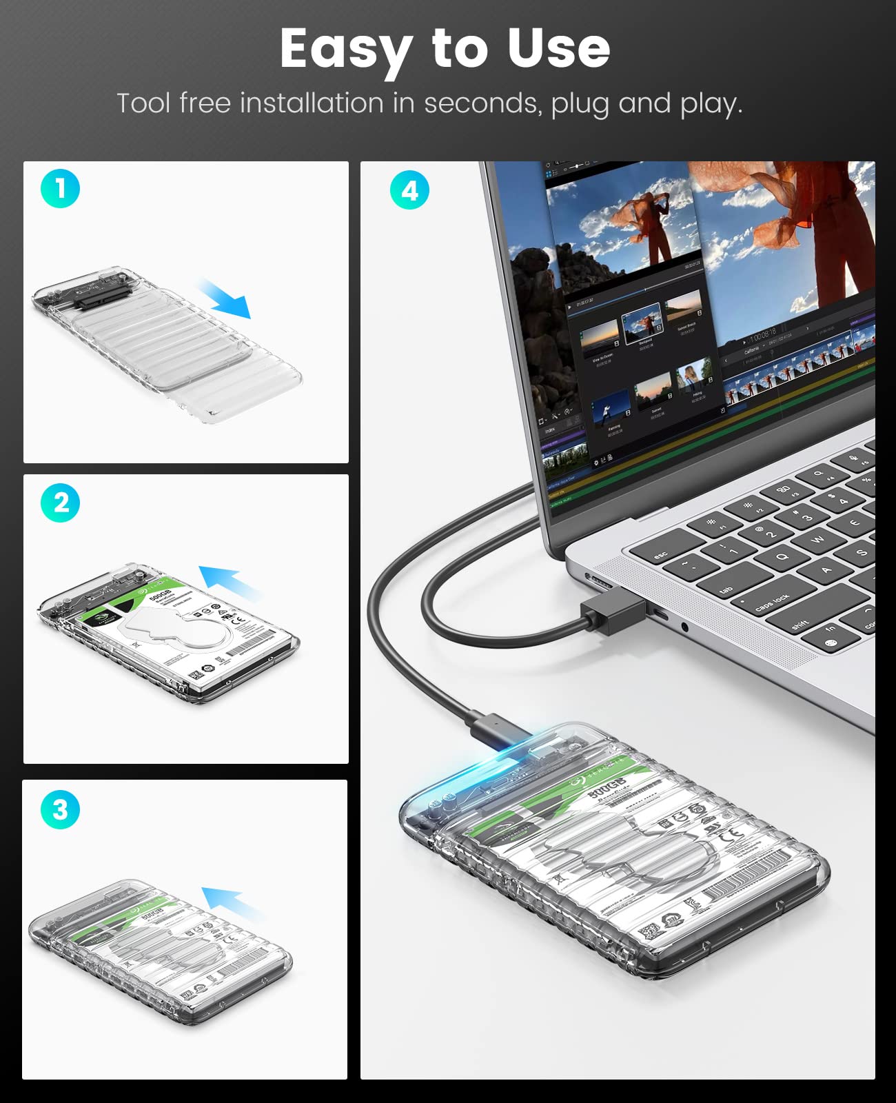 ORICO 2.5 inch Hard Drive Enclosure USB C to SATA III 5Gbps Clear External Hard Drive Case for All 7mm 9.5mm 2.5 inch SATA SSD HDD Up to 6TB, Tool-Free, Support USB 3.0 UASP (2139C3)