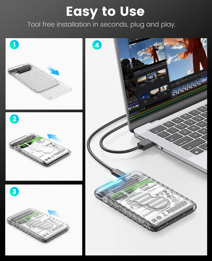 ORICO 2.5 inch Hard Drive Enclosure USB C to SATA III 5Gbps Clear External Hard Drive Case for All 7mm 9.5mm 2.5 inch SATA SSD HDD Up to 6TB, Tool-Free, Support USB 3.0 UASP (2139C3)