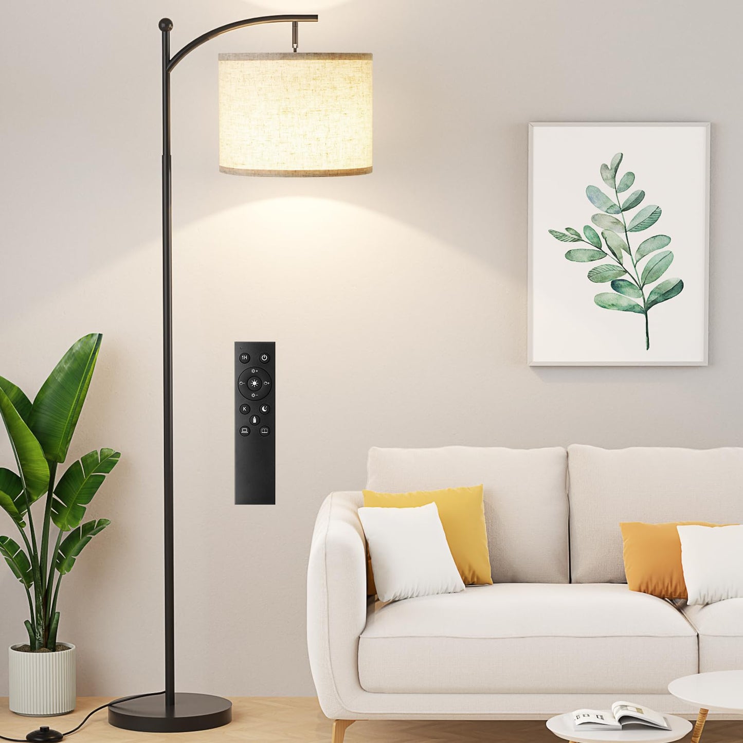 Ambimall 60" Floor Lamp with Remote Control and Stepless Dimmable Bulb, Colors Temperature & Brightness Adjustable, Modern Floor Lamps for Living Room（Beige Shade & Black Pole）