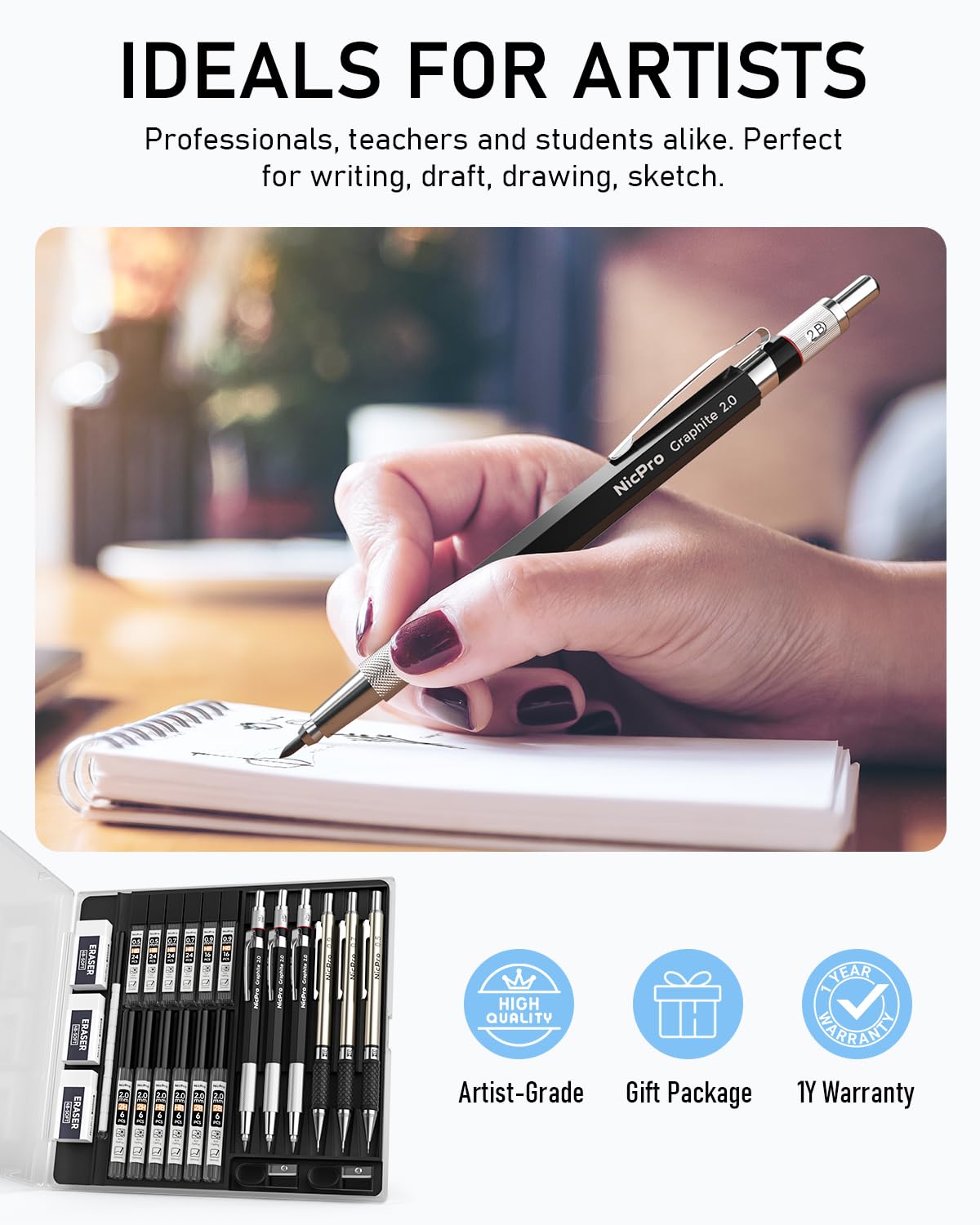Nicpro 6PCS Art Mechanical Pencil Set, 3PCS Metal Drafting Pencil 0.5 mm & 0.7 mm & 0.9 mm & 3PCS 2mm Graphite Lead Holder (2B HB 2H) For Writing, Sketching Drawing With Lead Refills Case