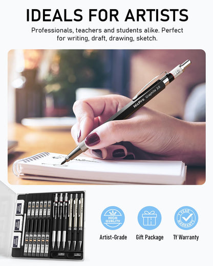 Nicpro 6PCS Art Mechanical Pencil Set, 3PCS Metal Drafting Pencil 0.5 mm & 0.7 mm & 0.9 mm & 3PCS 2mm Graphite Lead Holder (2B HB 2H) For Writing, Sketching Drawing With Lead Refills Case