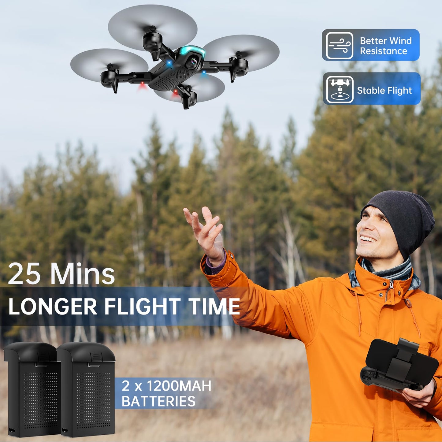 REDRIE Drone with 1080P Camera for Beginners, Foldable, Altitude Hold, Gestures Selfie, Waypoint Fly, Headless Mode, 3D Flip, One Key Start, 3 Speed Modes, Circle Fly, 2 Batteries