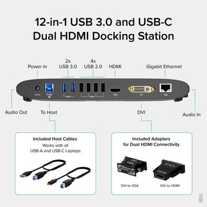 Plugable USB 3.0 Universal Docking Station for Windows, macOS, ChromeOS (Dual HDMI Monitors or DVI/VGA, Gigabit Ethernet, Audio, 6 USB Ports)